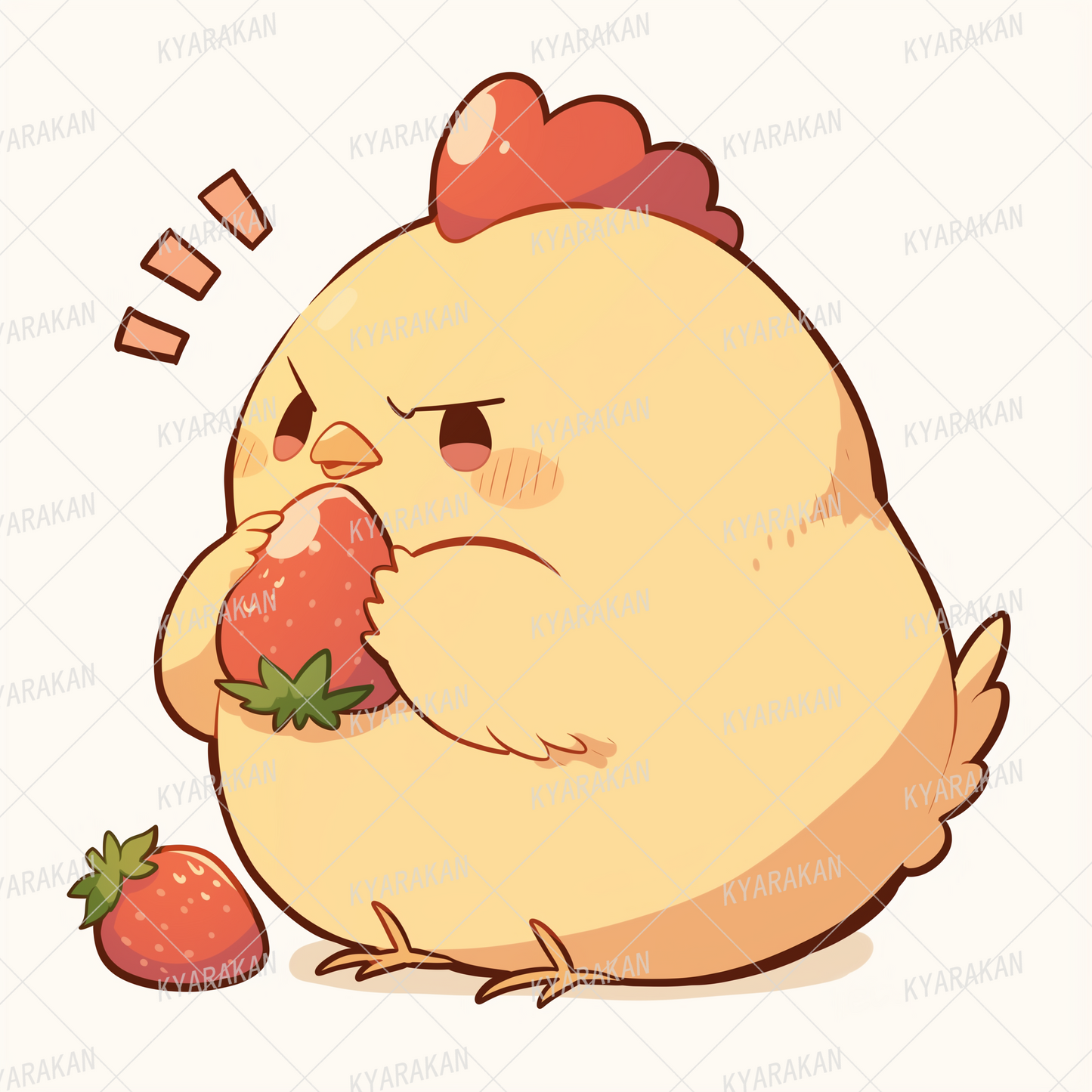 AC-0592: A round yellow chicken with a cute angry face eating a strawberry