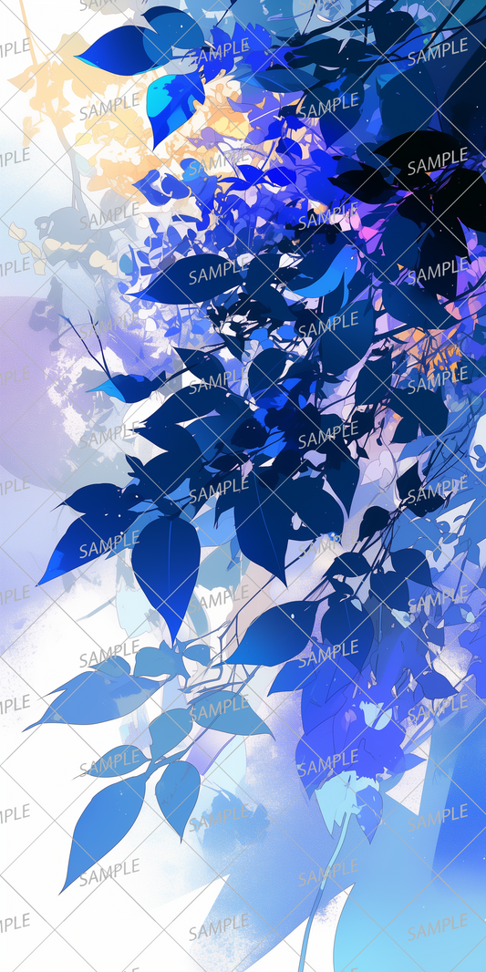 AA-0023: Bright natural digital art featuring blue leaves