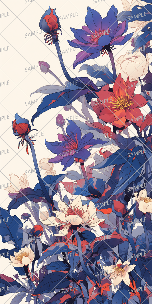 AA-0024: Digital art featuring colorful blue and red flowers