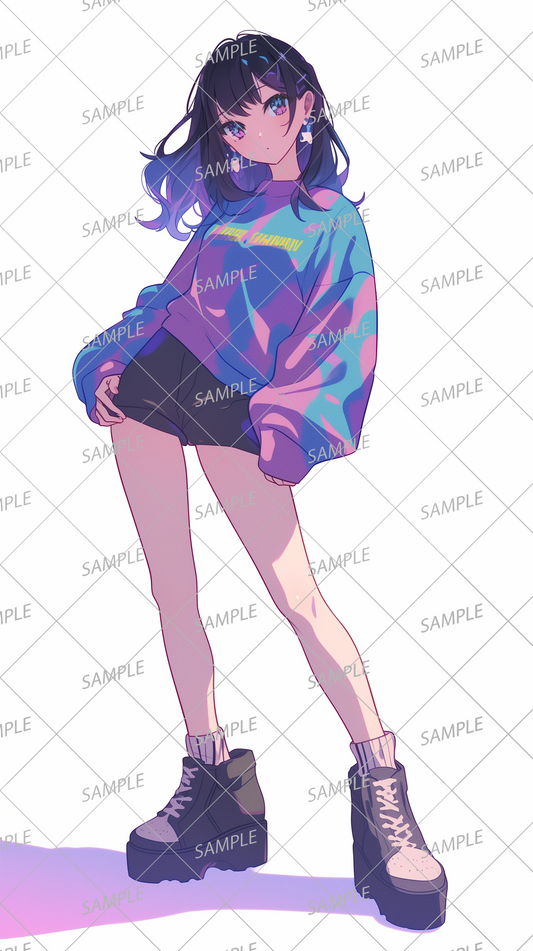 AA-0207: A black-haired girl wearing a colorful light blue and pink hoodie