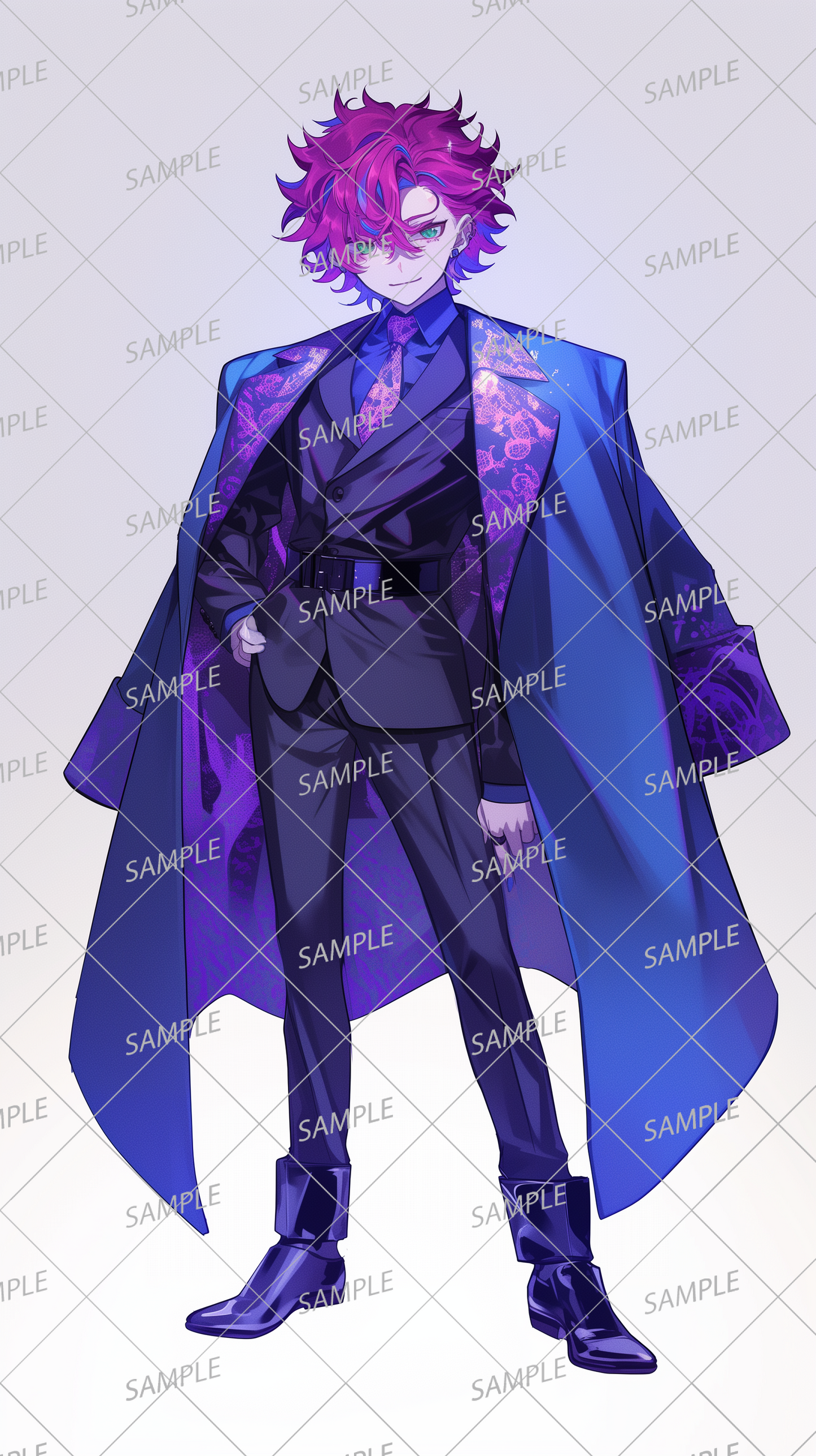 AA-0214: A man with bright purple hair and a purple suit