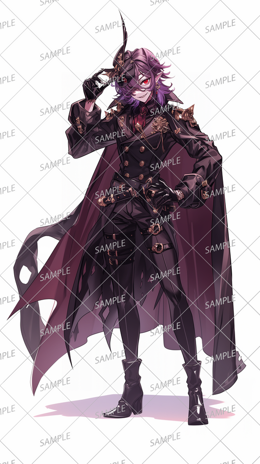 AA-0216: A purple-haired man wearing a gothic-style black coat and cape