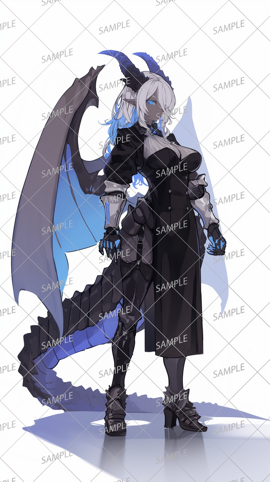 AA-0228: White-haired dragon woman in black armor dress