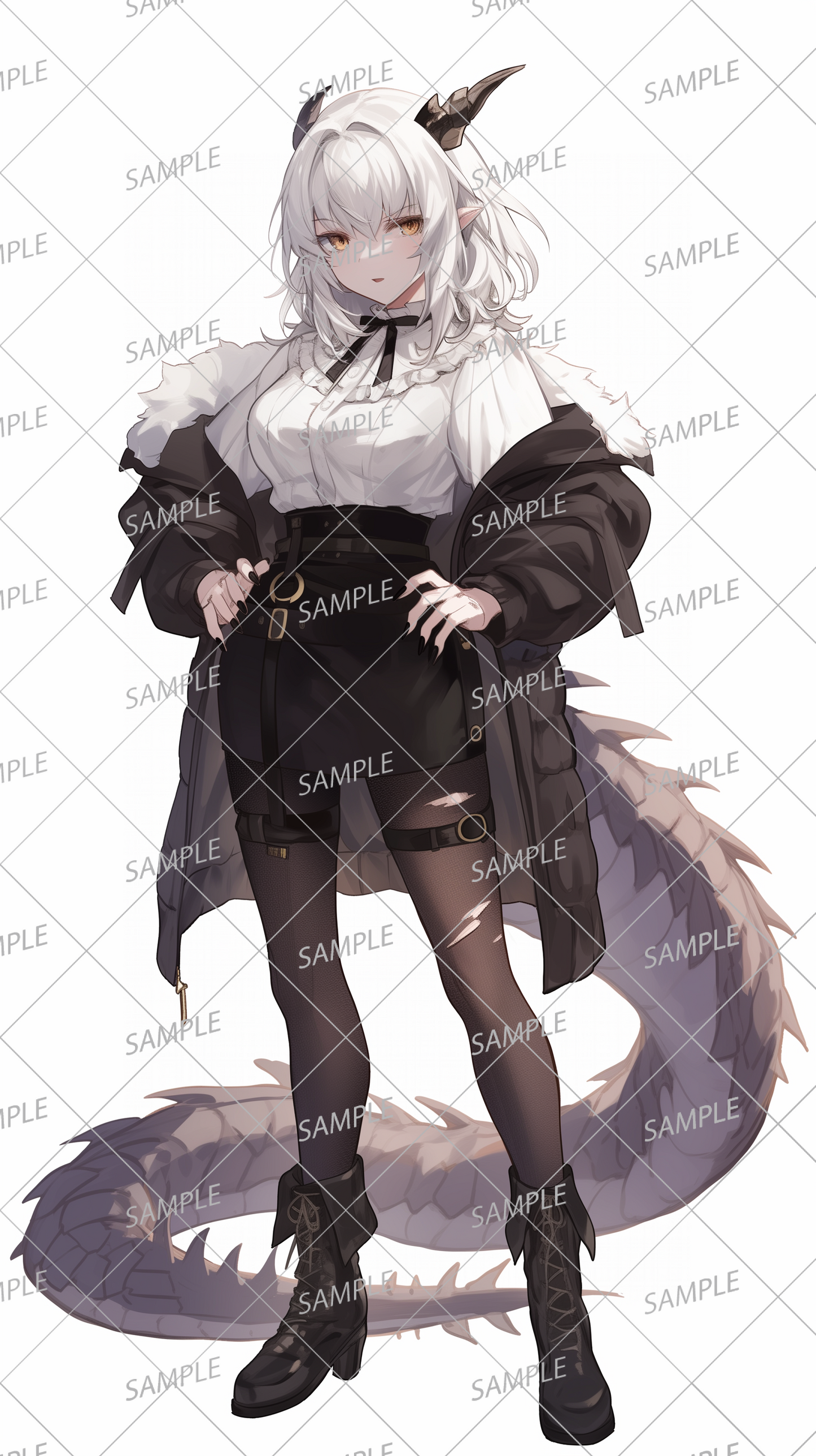 AA-0229: Cool dragon woman in white blouse and black skirt