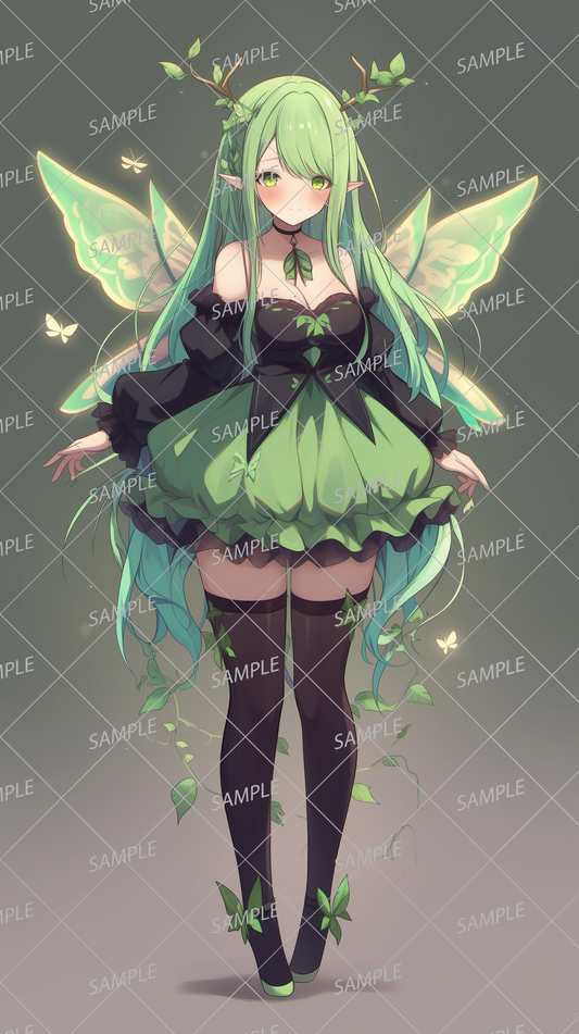 AA-0230: Green-haired fairy girl with branch antlers