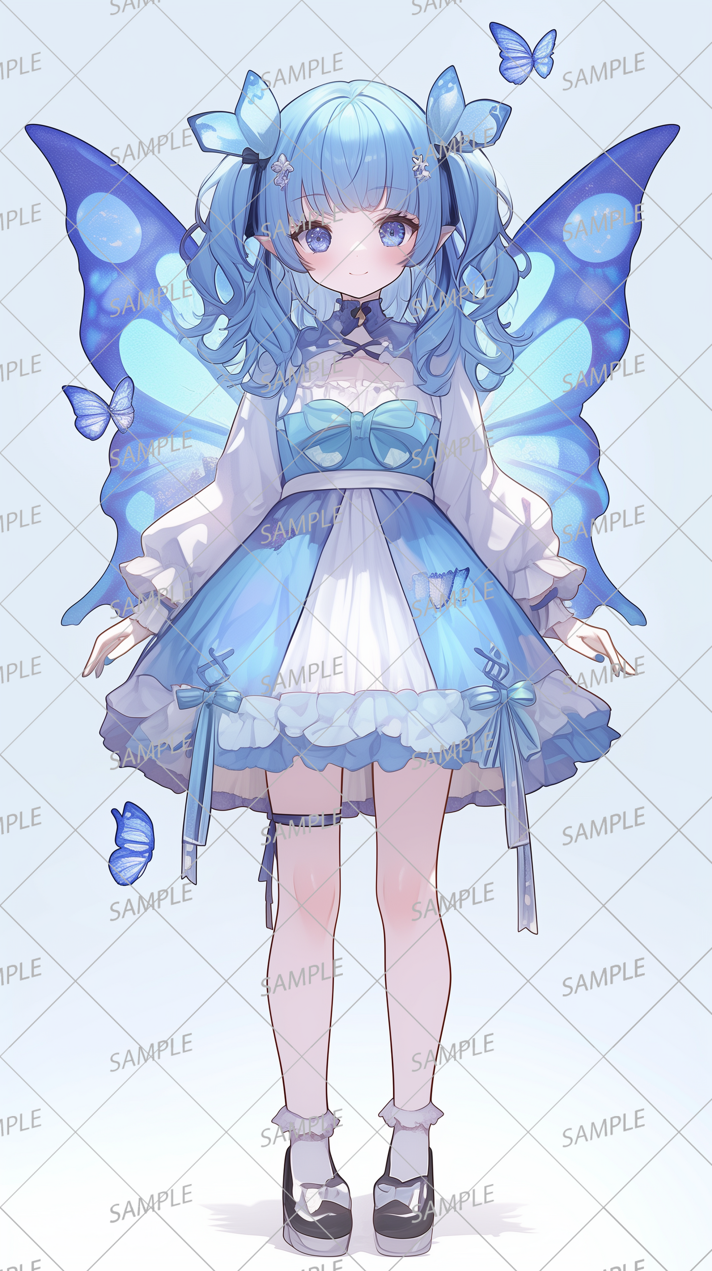 AA-0231: Butterfly-winged fairy girl in blue and white dress