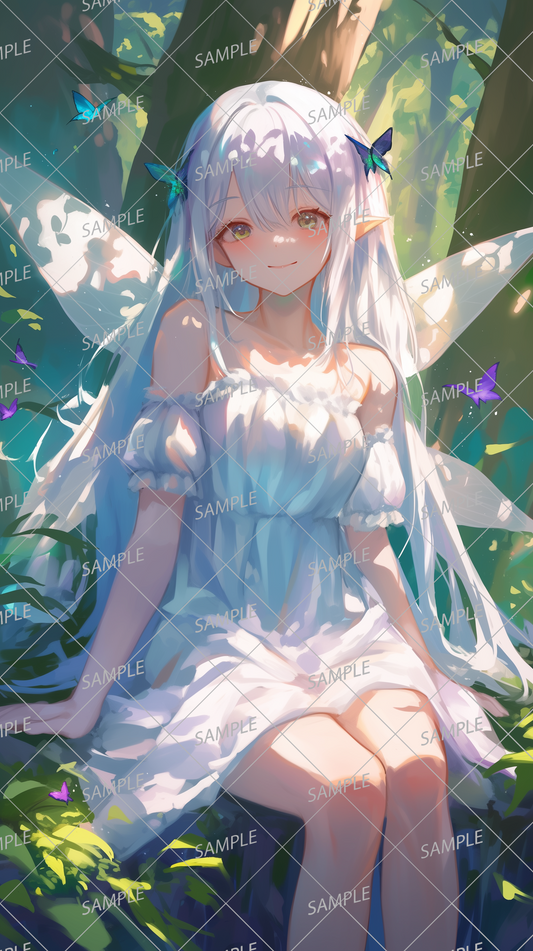 AA-0234: A white-haired fairy girl with transparent wings surrounded by trees and blue butterflies