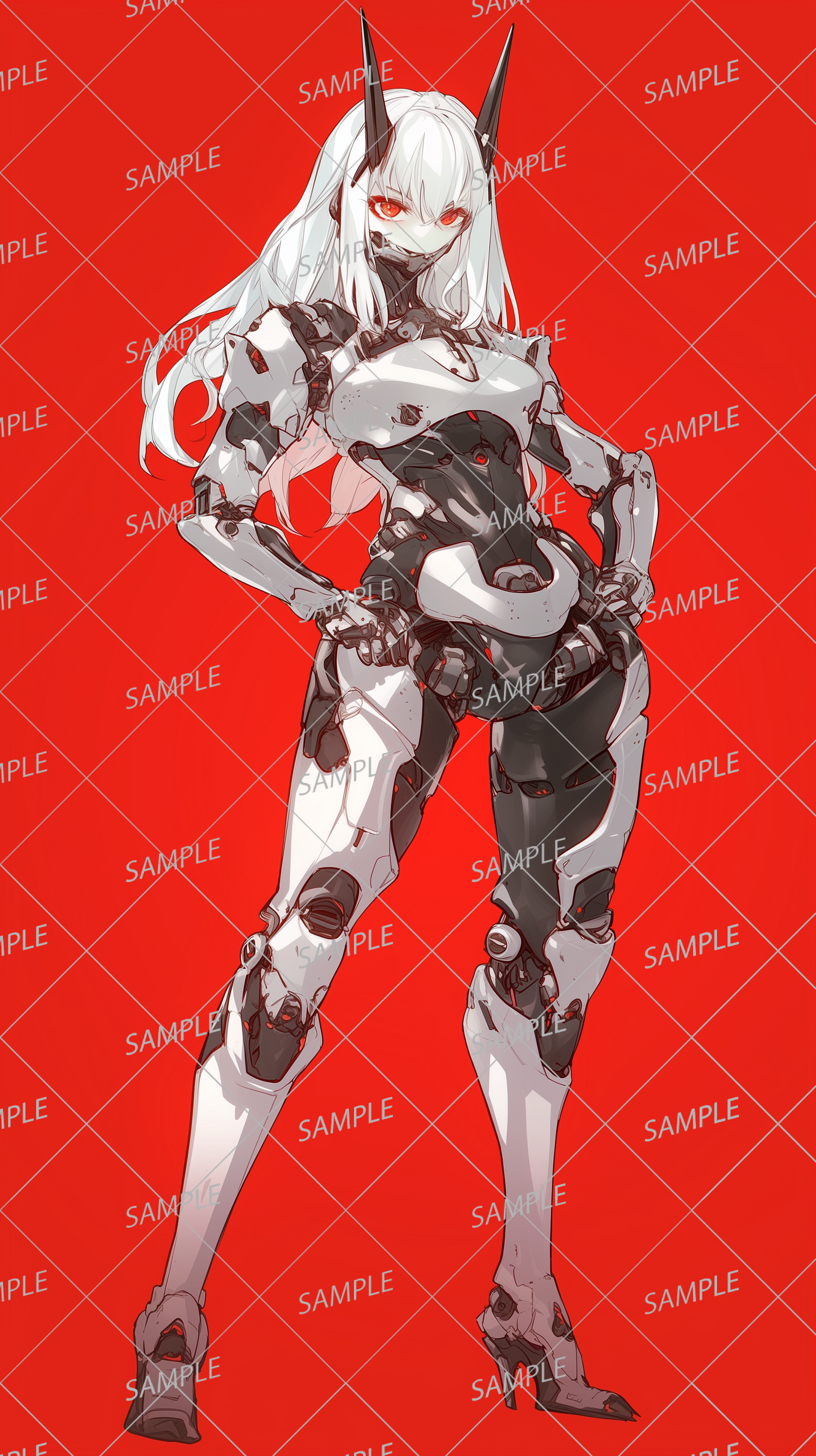 AA-0237: A female robot with black and white armor and horn-like mechanical parts