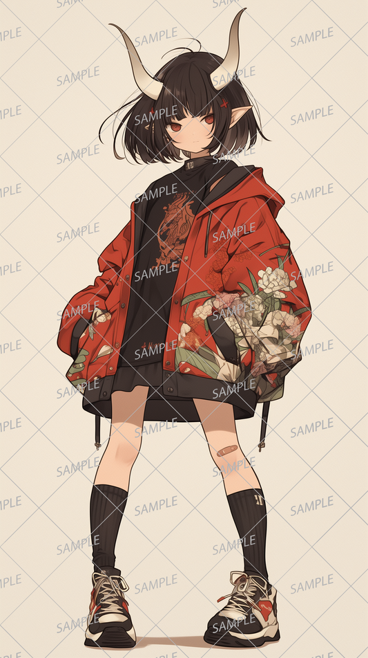 AA-0247: Black-haired girl with horns wearing a jacket with a floral pattern