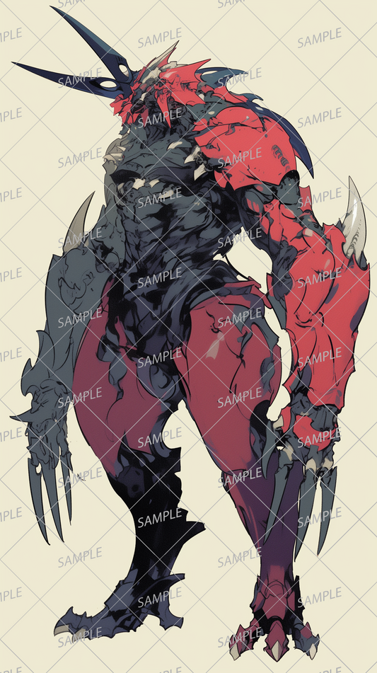 AA-0248: A giant monster with muscular red armor and sharp claws and horns.