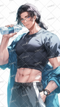 AA-0273: Muscular, long-haired man wearing glasses drinking water while sweating