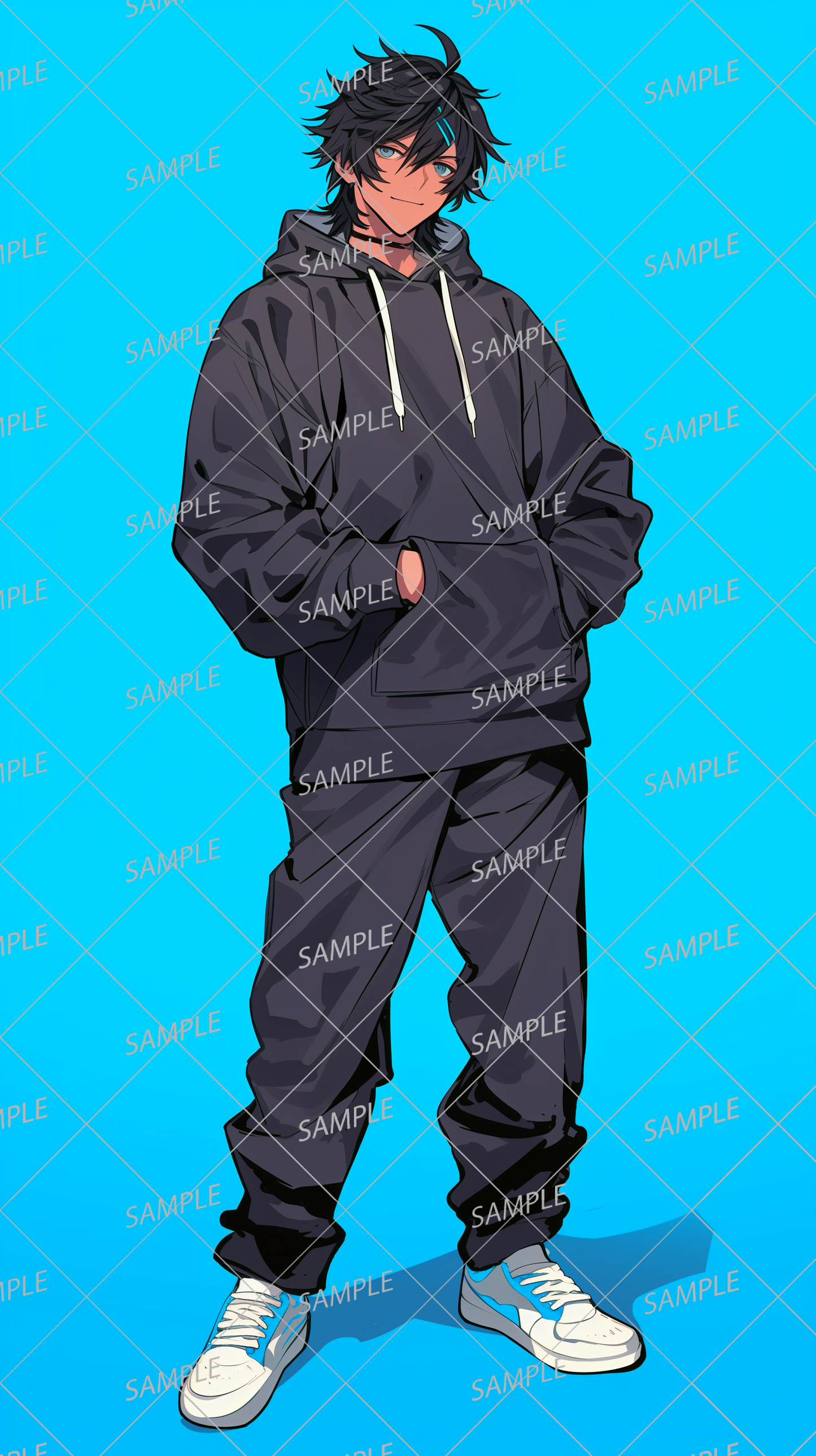 AA-0275: A man in a sporty, simple outfit with a blue hair clip