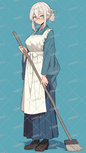 AA-0281: A woman wearing glasses, blue kimono-style clothing and a white apron holding cleaning tools