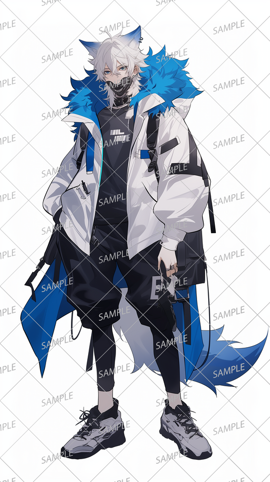 AA-0287: A man with white hair and fox ears wearing a hooded jacket