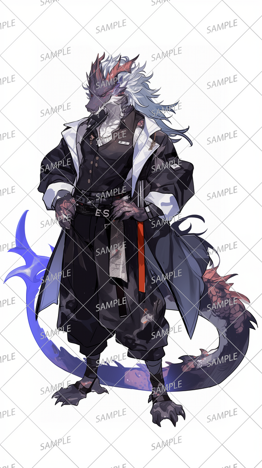 AA-0295: A lizard-like beastman with white hair and red horns wearing a black jacket