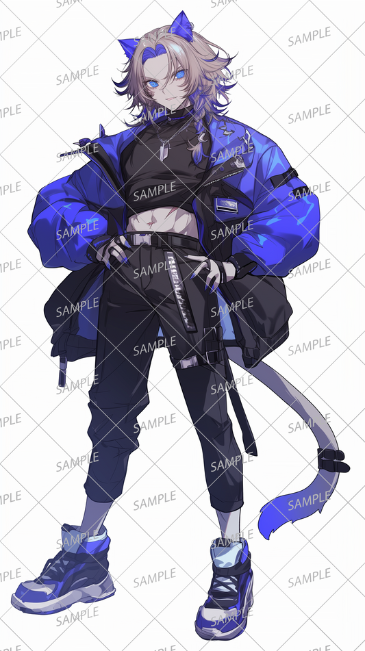 AA-0298: A boy with cat ears in a blue and black jacket