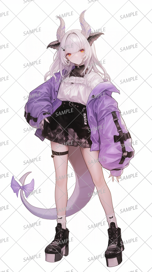 AA-0299: A white-haired girl with a ribbon on her tail, horns and animal ears