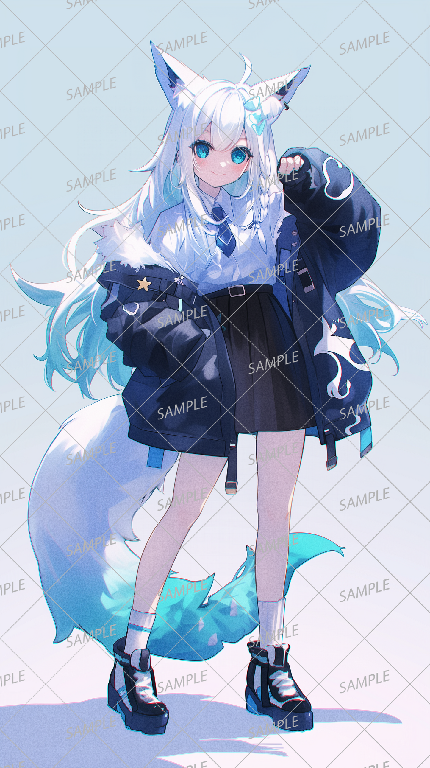 AA-0302: White haired furry ear girl in fantasy style casual fashion with blue tie