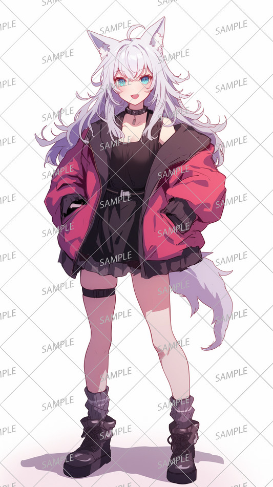 AA-0303: A fox girl with white hair and animal ears wearing a red jacket and black dress