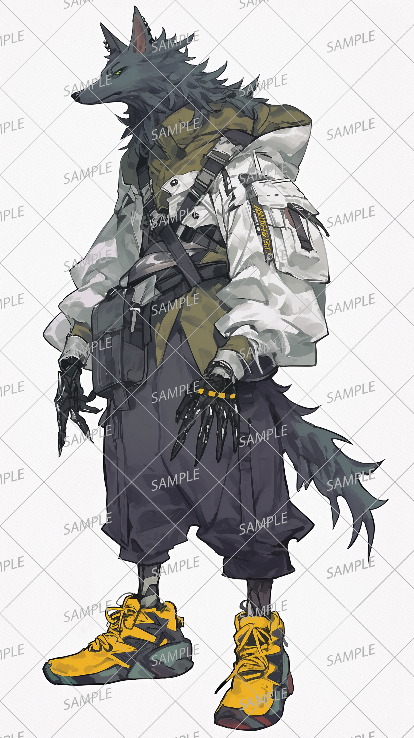 AA-0304: A dark grey furred wolf beastman wearing a white jacket