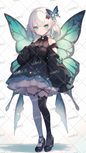 AA-0313: A butterfly fairy with white hair, green eyes and a black dress