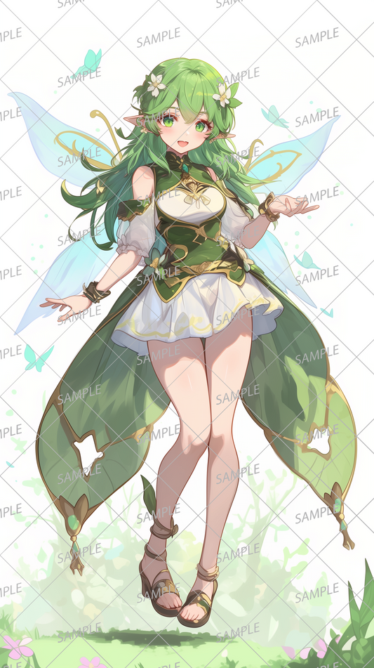 AA-0319: A fairy with transparent wings wearing a green and white dress playing with a butterfly