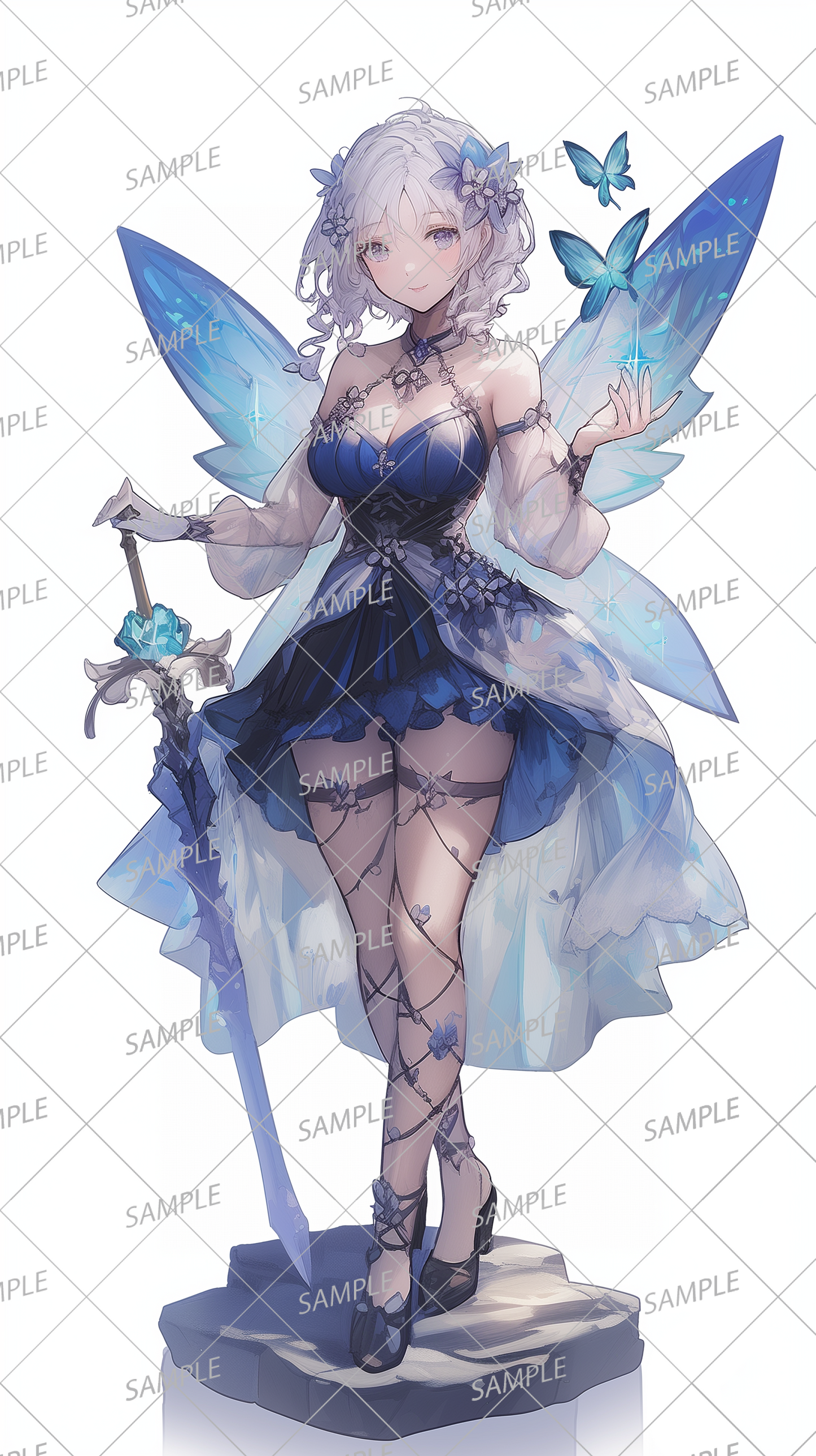 AA-0324: Silver-haired fairy in a blue dress with a crystal sword