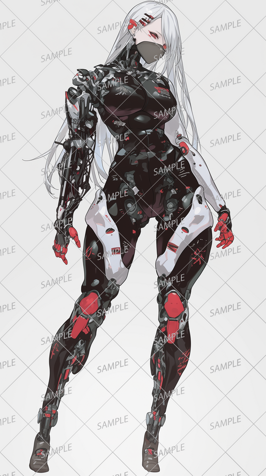 AA-0345: Female robot with long white hair and black and white armor