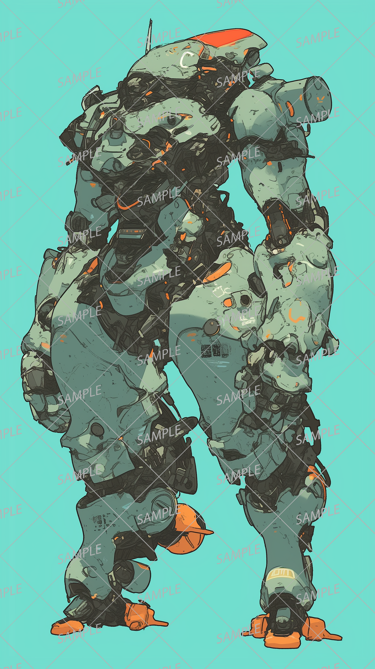 AA-0352 A futuristic combat robot with a light blue, overall heavy design