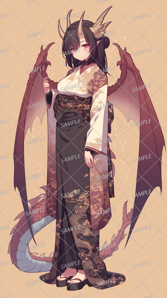 AA-0363 A black-haired dragon girl wearing a Japanese-style kimono