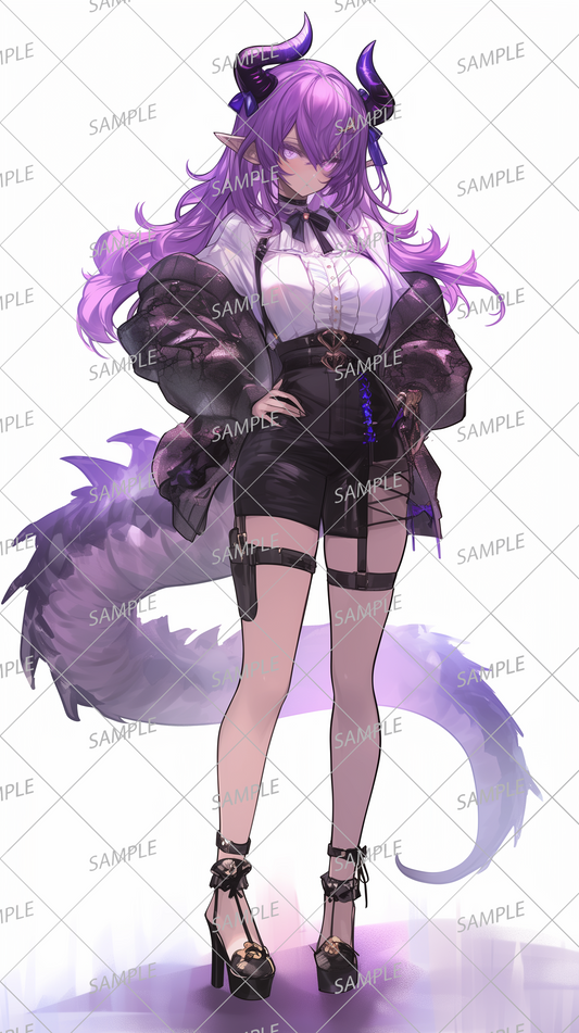 AA-0364 Purple hair dragon girl in white blouse and black shorts