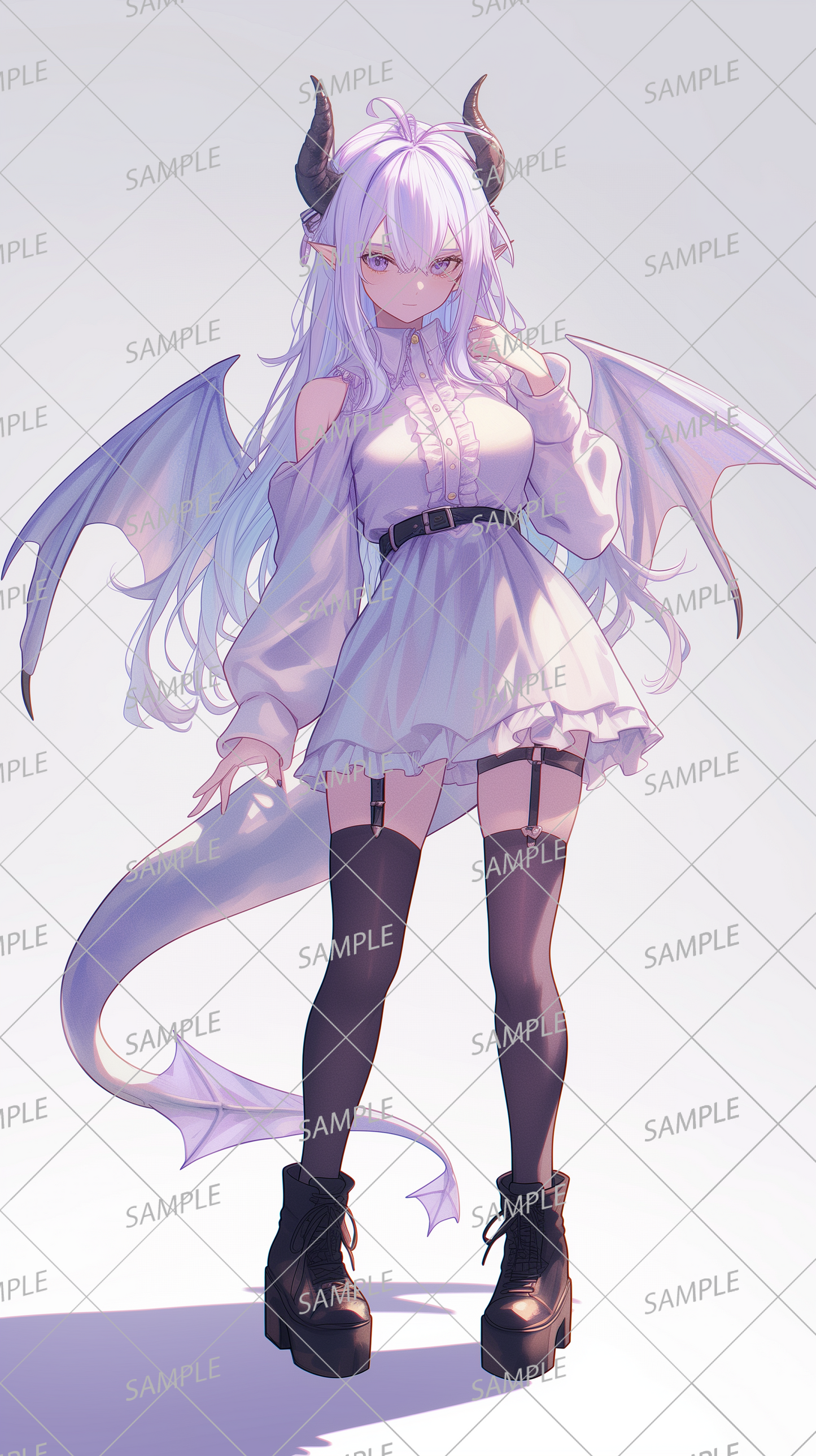 AA-0366 Beautiful girl in white gothic lolita with horns and wings