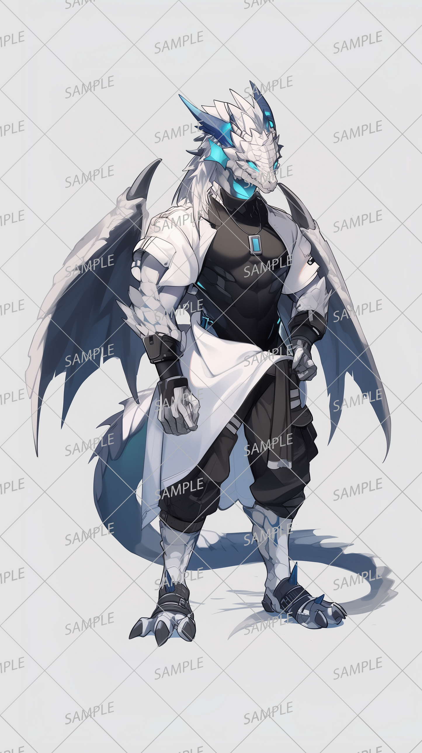 AA-0370 A muscular white cyber humanoid dragon wearing a long coat