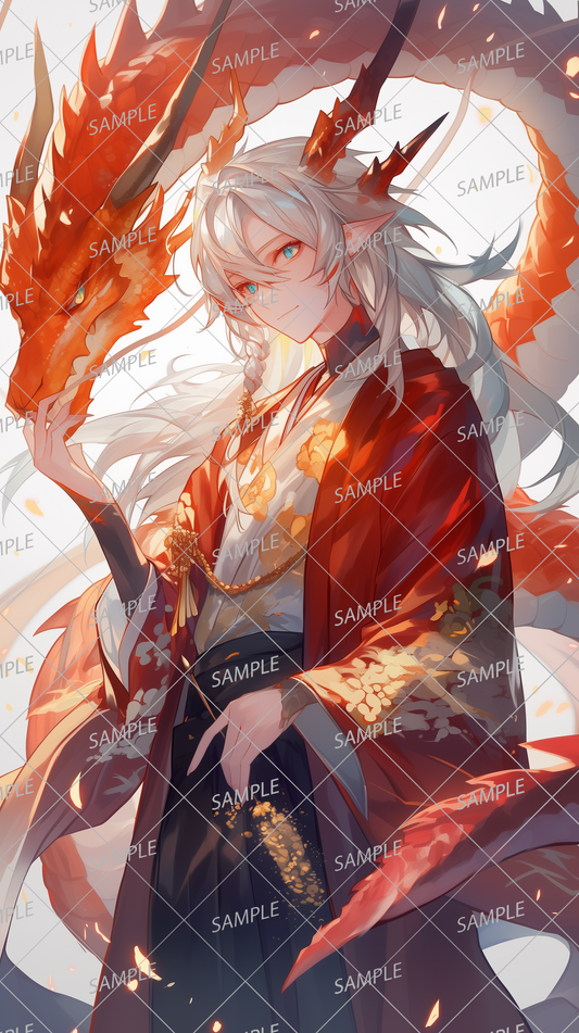 AA-0371 A white-haired man in a red kimono who is friendly with a red dragon