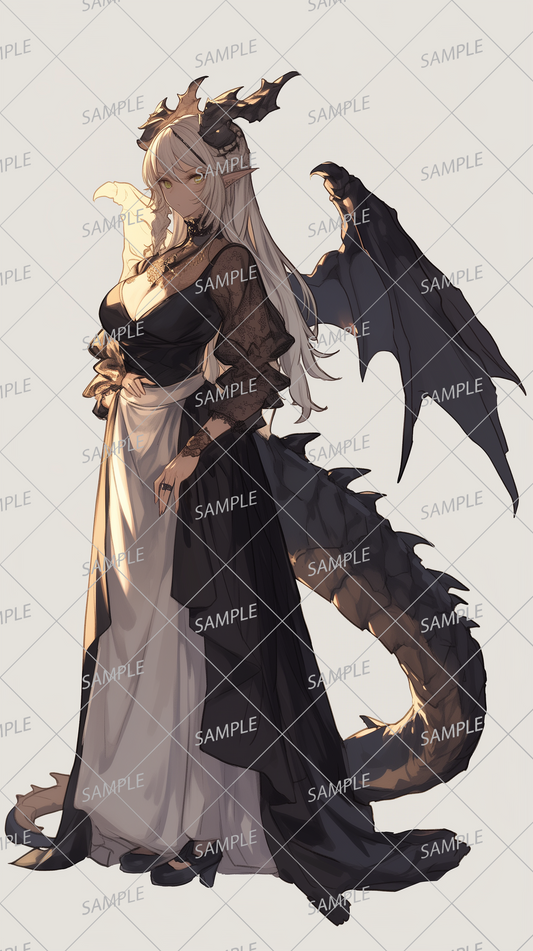 AA-0373 Beautiful white haired dragon woman in gothic dress