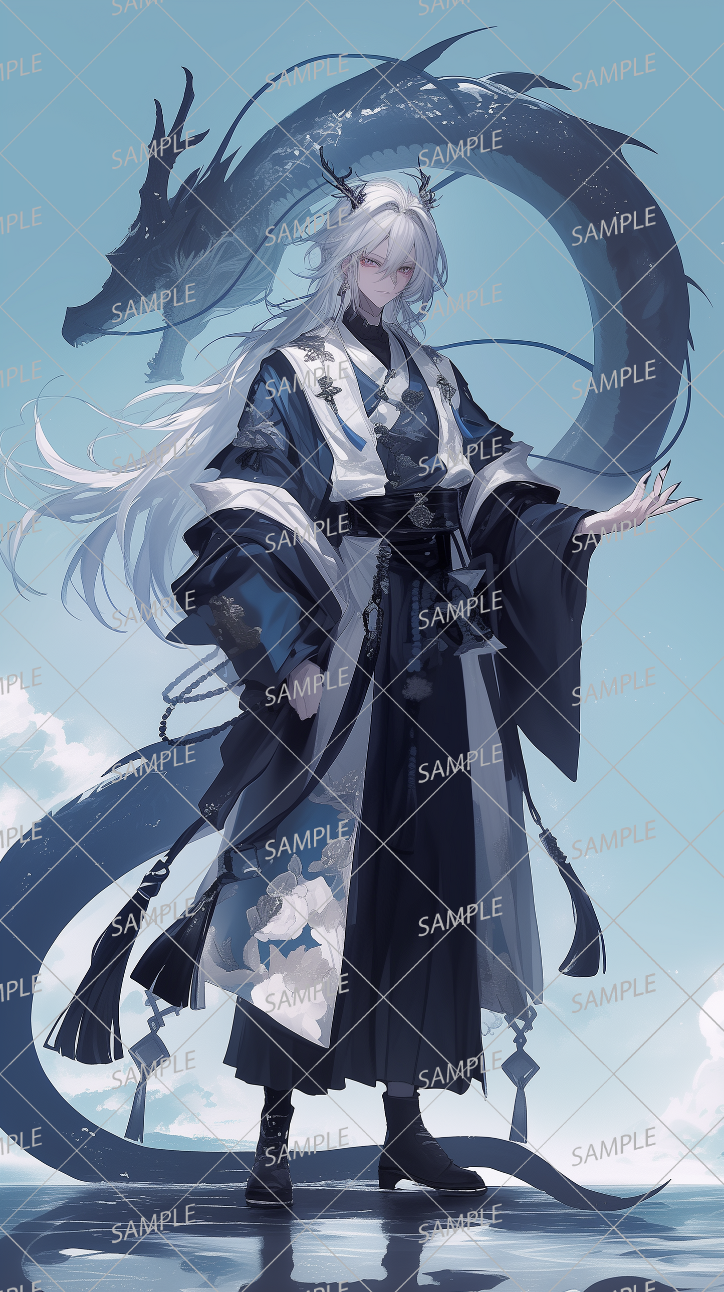 AA-0376 A man with long white hair in a Japanese style, accompanied by a dragon with black horns