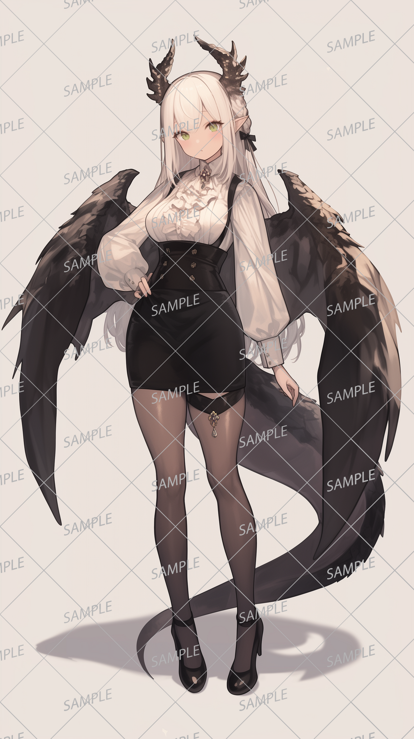 AA-0377 Dragon woman in gothic outfit with white blouse and black skirt