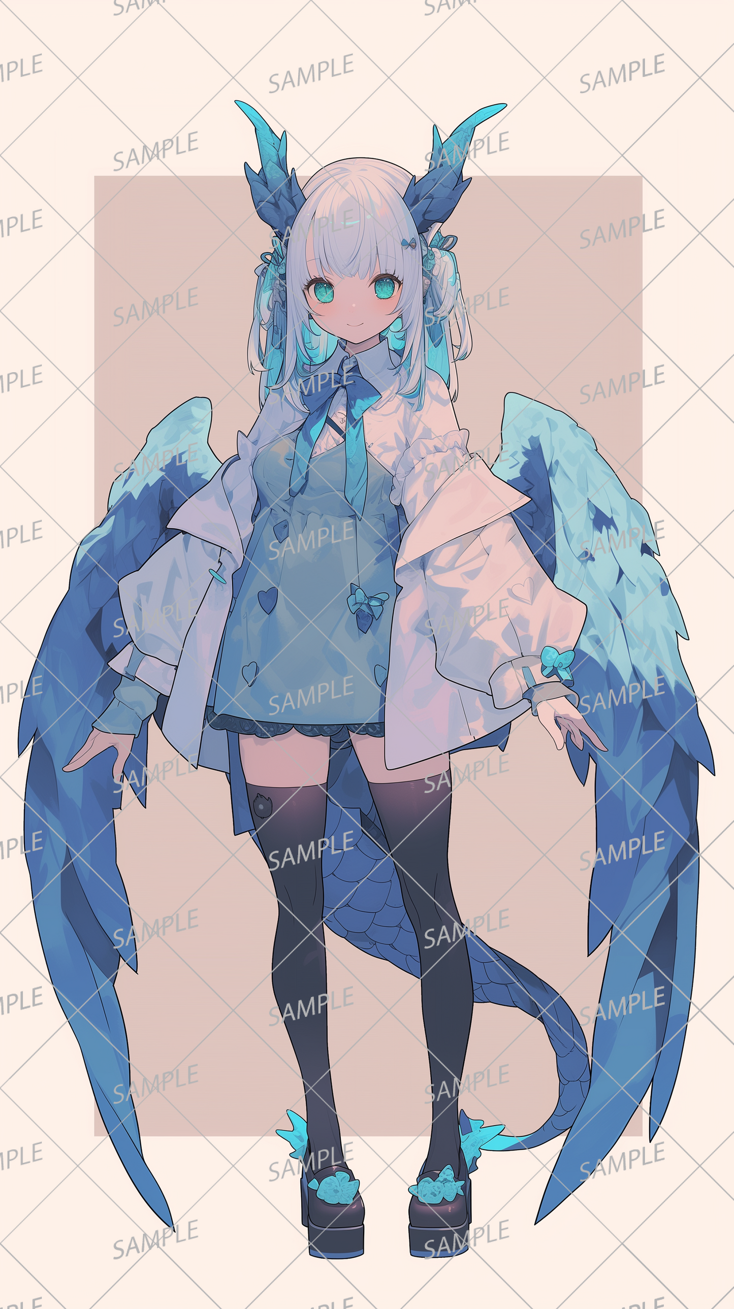 AA-0381 A dragon girl dressed in a lovely blue and white outfit with ribbons and heart accents