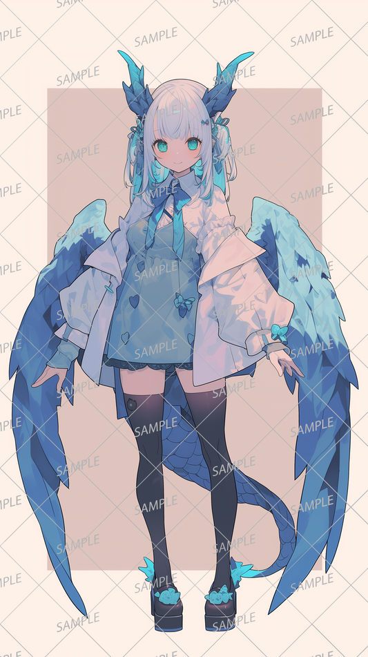 AA-0381 A dragon girl dressed in a lovely blue and white outfit with ribbons and heart accents