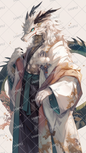 AA-0382 A noble humanoid dragon wearing a Japanese-style kimono with white fur and blue eyes.