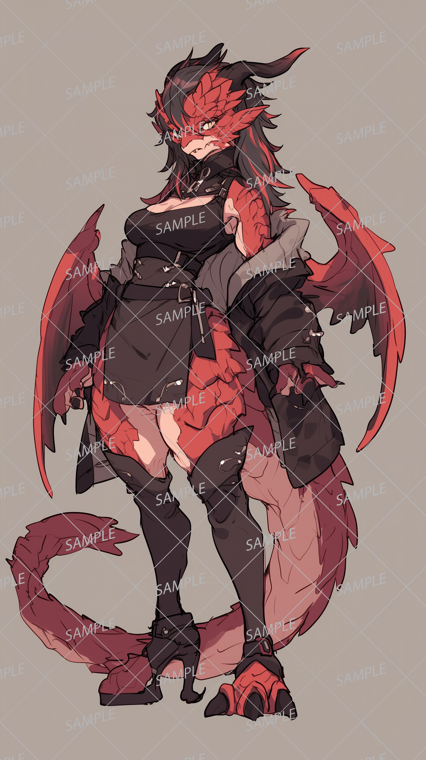 AA-0383 A woman with wavy black hair, red scales and black wings