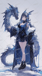 AA-0384 Beautiful woman wearing elegant furry clothes and leading a blue dragon