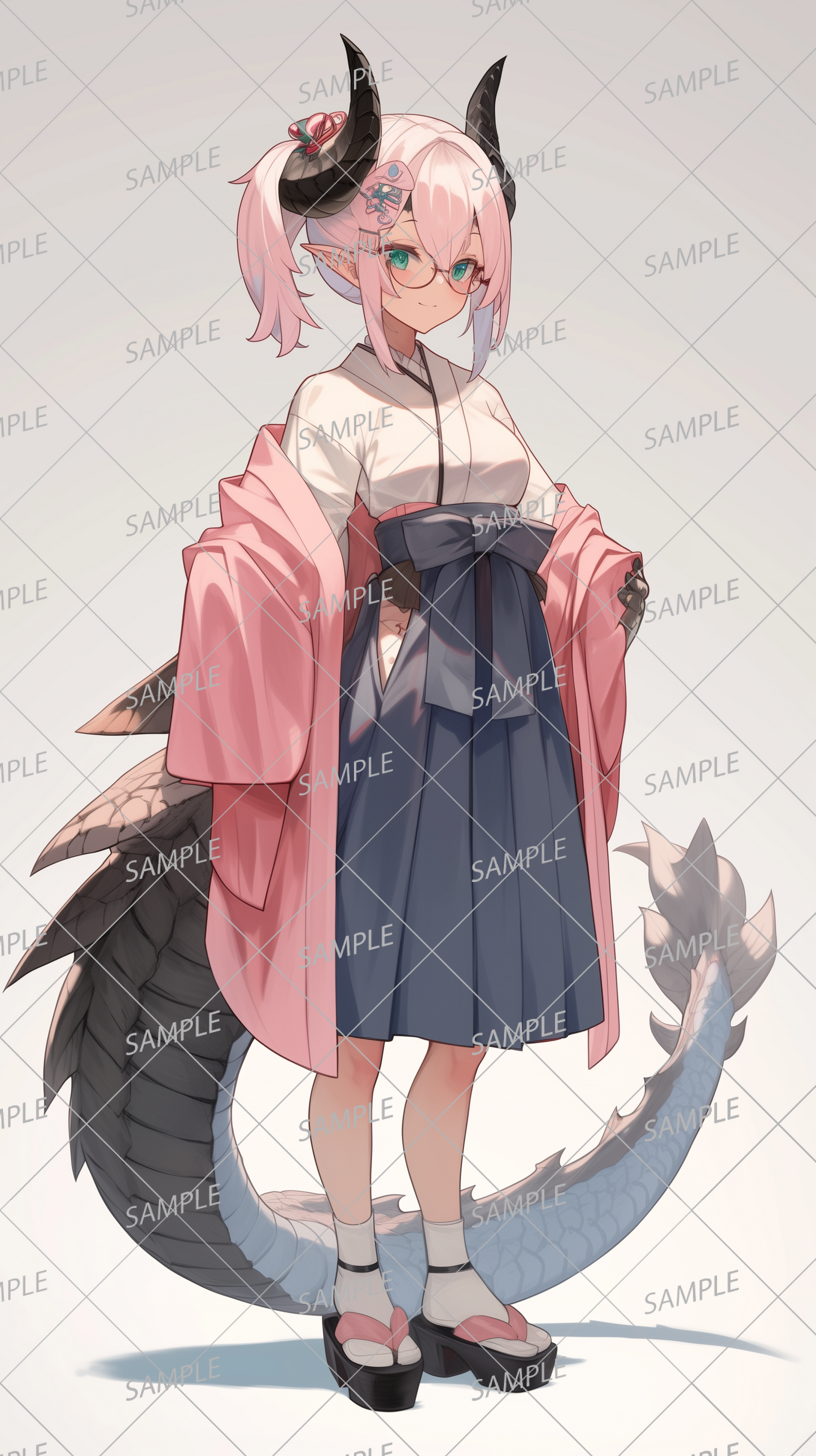 AA-0385 A dragon girl with pink hair and twin tails wearing glasses and a Japanese-style haori and hakama.