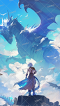 AA-0386 An adventurer encounters a giant dragon floating in the blue sky