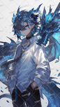 AA-0388 A cool boy with blue hair wearing a white shirt and a blue dragon