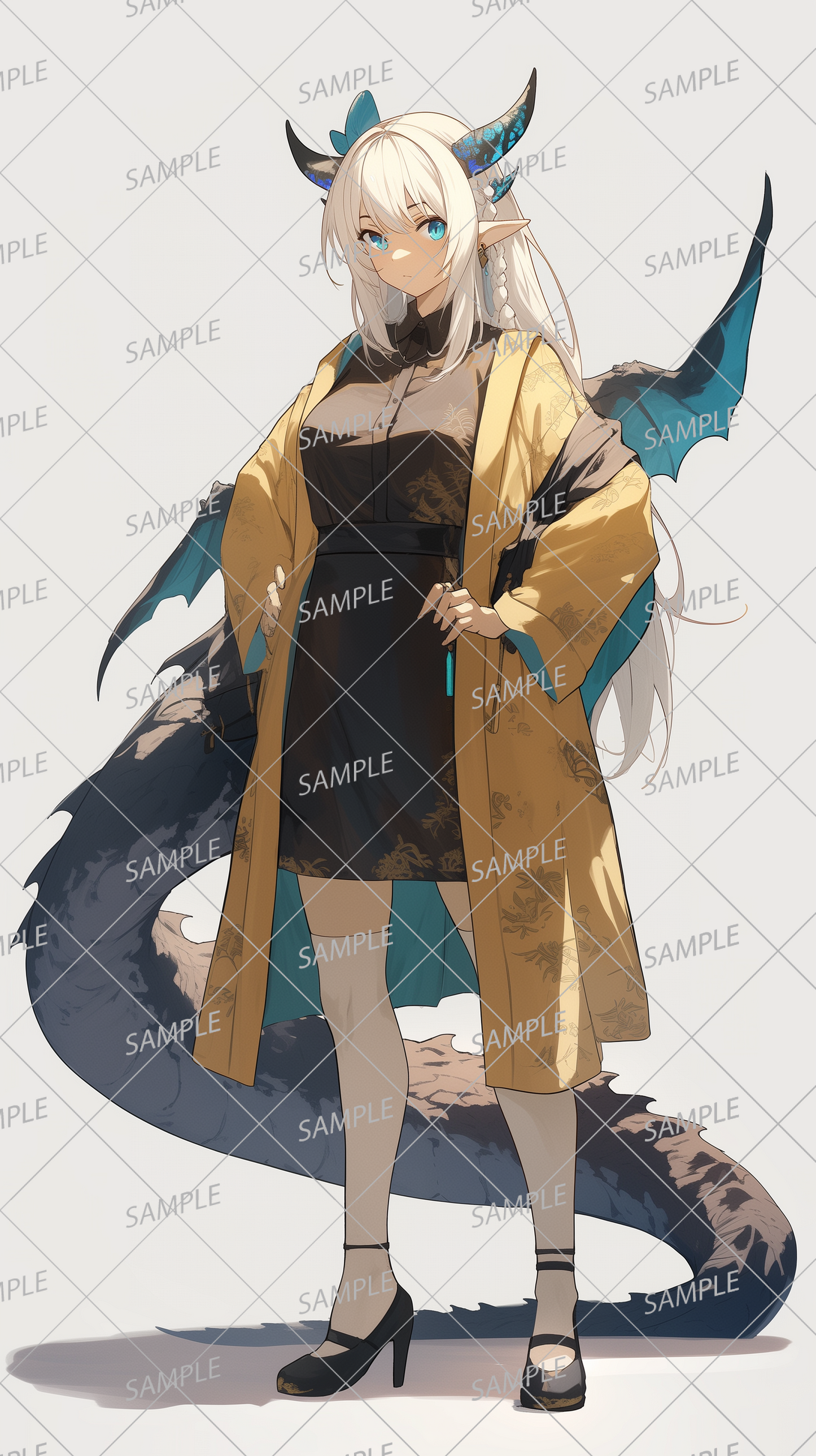 AA-0389 Dragon woman in black dress and yellow haori