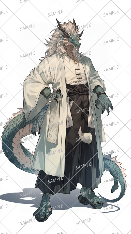 AA-0390 A dragon male with blue-green scales in a black hakama and white kimono