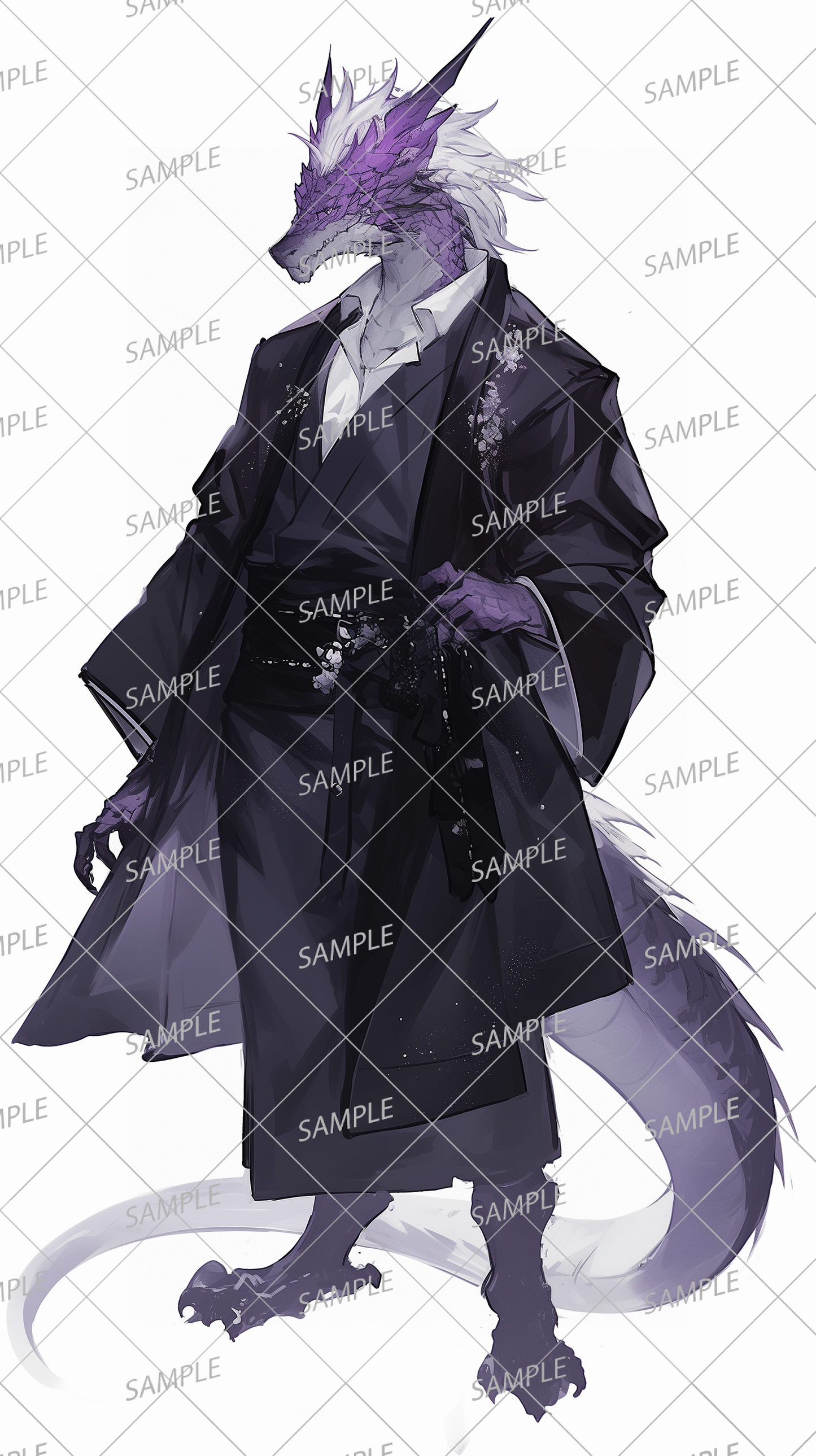 AA-0392 A noble male dragon with purple scales and white fur wearing a Japanese-style black hakama