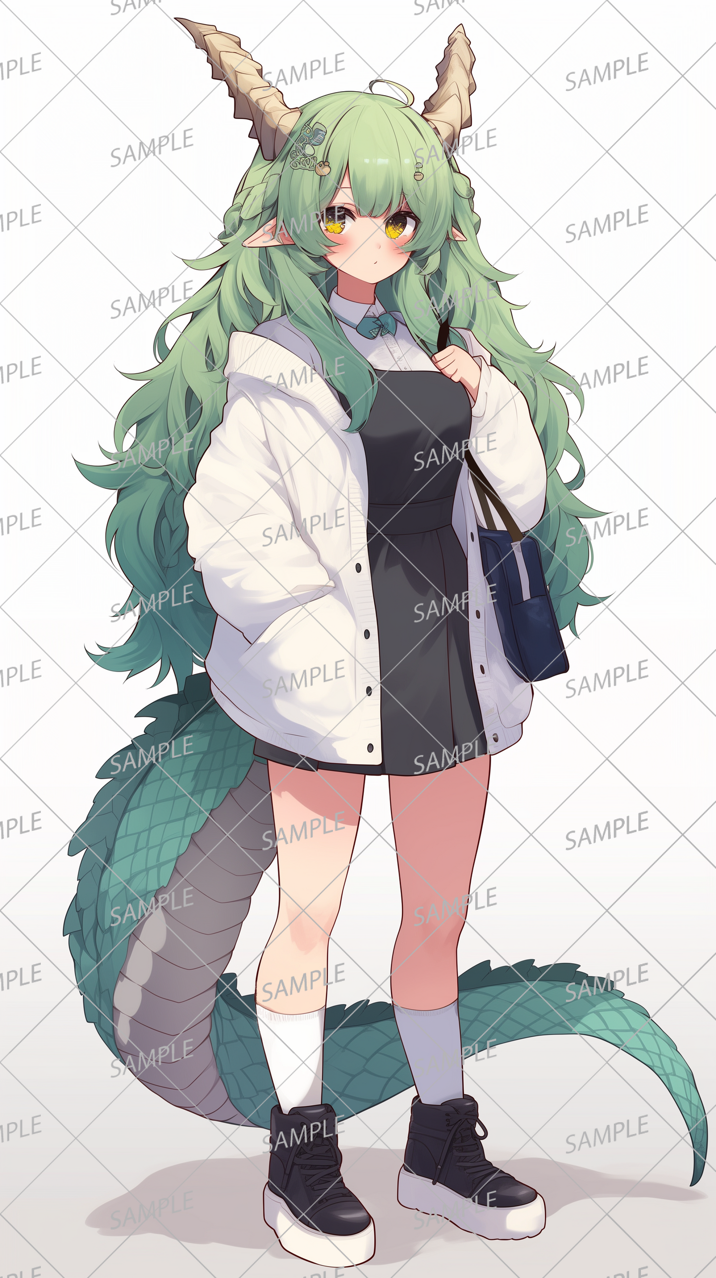 AA-0395 Green-haired dragon girl wearing a white jacket and black dress