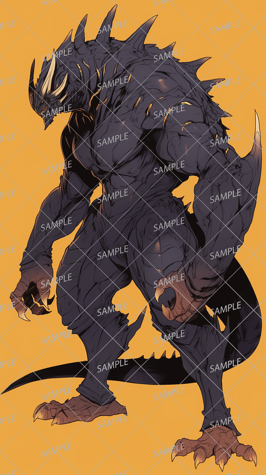 AA-0398 A black, muscular monster with white horns and sharp claws.